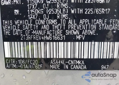 2017 Toyota Rav4 Xle из США, поврежденный, VIN 2T3RFREV4HW616631